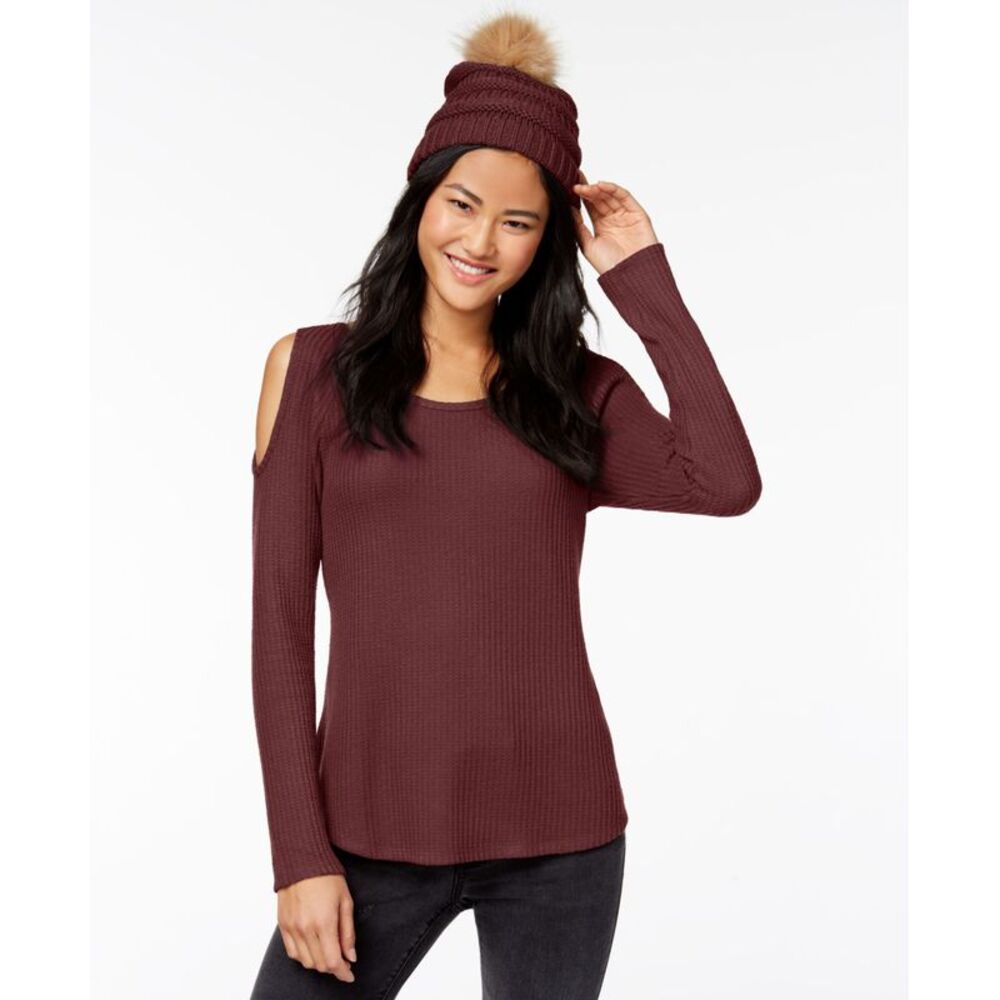 Self E Juniors Waffle Knit Cold Shoulder Top Faux Fur Trimmed Beanie